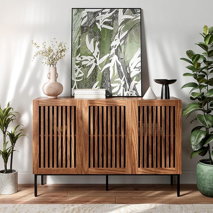 Buffet Cabinet, Modern Credenza Storage Cabinet with Adjustable Shelves and Metal Base, 47 Inch Wood Multifunctional Console Table for Kitchen, Living Room, Entryway, Brown