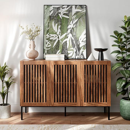 Buffet Cabinet, Modern Credenza Storage Cabinet with Adjustable Shelves and Metal Base, 47 Inch Wood Multifunctional Console Table for Kitchen, Living Room, Entryway, Brown