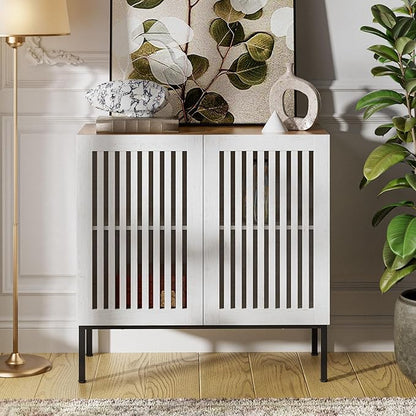 31.5" Farmhouse Buffet Cabinet with Metal Base, Adjustable Shelf & 2 Doors, Antique White Storage Sideboard for Kitchen, Dining & Living Room