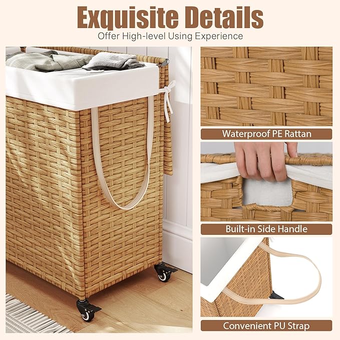GOFLAME Laundry Hamper with Lid and Wheels, 125L Hand Woven Rattan Laundry Basket with 3 Divided Sections, Handles, 2 Removable and Washable Liner Bags, Dirty Clothes Hamper for Bedroom (Natural)