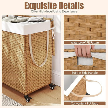 GOFLAME Laundry Hamper with Lid and Wheels, 125L Hand Woven Rattan Laundry Basket with 3 Divided Sections, Handles, 2 Removable and Washable Liner Bags, Dirty Clothes Hamper for Bedroom (Natural)