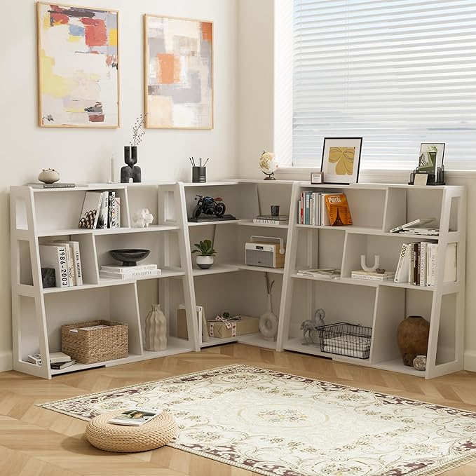 Extendable Bookshelves Set of 2, 3 Tier Wood Bookcases Storage Book Shelves Adjustable Organizer for Bedroom Living Room Home Office Corner, White