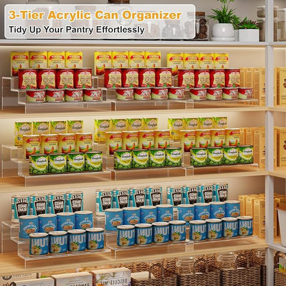 Adjustable Acrylic Can Rack Organizer for Pantry, 3 Tier Expandable Canned Storage Holder, Soda Can Dispenser Shelf Holds Up to 24 Cans, Clear Canned Display for Cabinet & Countertop (Patent Pending)