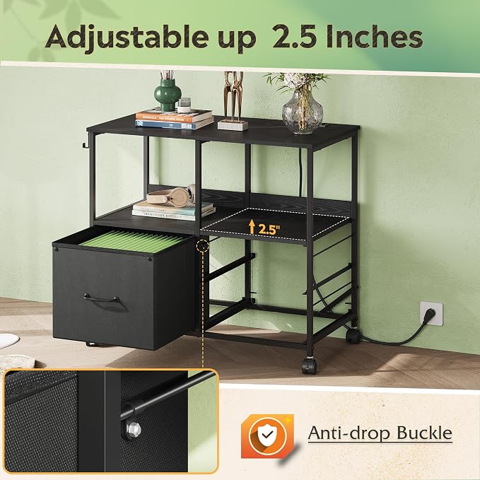 DEVAISE 3 Drawer File Cabinet with Charging Station, Rolling Printer Stand for Office Storage, Mobile Filing Cabinet fits Under Desk Storage, Black