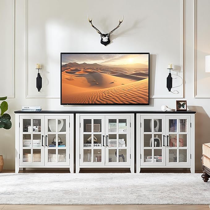 Sideboard Buffet Cabinet with Storage, 32" Farmhouse Kitchen Coffee Wine Bar Cabinet with 2 Glass Doors, Wood Mid Century Modern Side Board Table for Dining Room, Living Room, White