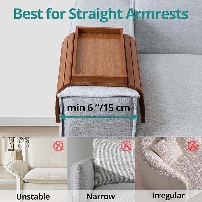 DETOR Couch Arm Tray with Spacious 12.4" x 5.4" Storage Box, Acacia Stained Bamboo Finish, Enhanced Non-Slip Felt Bottom, Sturdy Bamboo Slats, Fits Armrests 6" and Wider