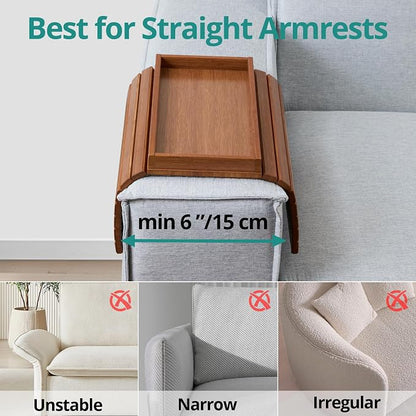 DETOR Couch Arm Tray with Spacious 12.4" x 5.4" Storage Box, Acacia Stained Bamboo Finish, Enhanced Non-Slip Felt Bottom, Sturdy Bamboo Slats, Fits Armrests 6" and Wider