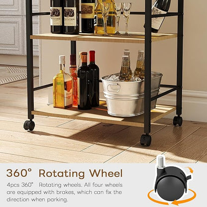 3 Tier Kitchen Cart, Rolling Bar Cart for Tea, Coffee, Liquor, and Drink Service with Removable Serving Detachable Server, Natural Oak