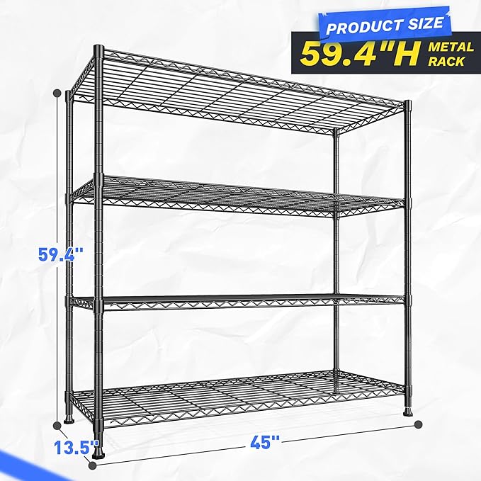 2 Set of 45 "W Metal Shelving Unit 4 Tier Storage Shelves Adjustable Wire Shelving Metal Shelf Pantry Shelves Wire Rack Commercial Shelving for Kitchen Pantry Garage 45 "W x 59.4 "Hx 13.5" D Black