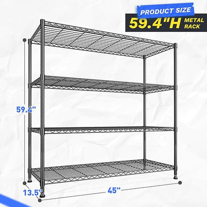 2 Set of 45 "W Metal Shelving Unit 4 Tier Storage Shelves Adjustable Wire Shelving Metal Shelf Pantry Shelves Wire Rack Commercial Shelving for Kitchen Pantry Garage 45 "W x 59.4 "Hx 13.5" D Black
