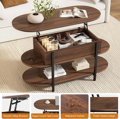 FABATO 41.7" Oval Lift Top Coffee Table, Fluted Wood Center Table with Hidden Storage, 3 Tier Oblong Tables with Curved Edge, Modern Elliptical Coffee Table for Living Room Reception Room, Walnut
