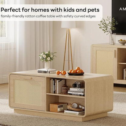 LIKIMIO 39.4" Rattan Coffee Table with Storage Drawers, Safety Curved Corners & 4-Tier Adjustable Shelves, Sturdy Base, Wood Center Table for Living Room, Natural