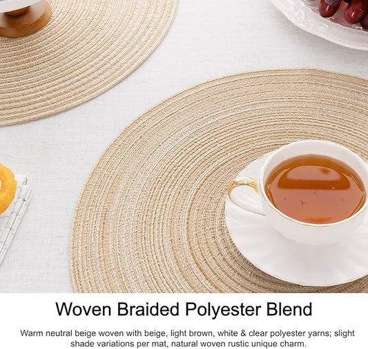 SHACOS Round Braided Placemats Set of 4 Washable Place Mats for Dining Tables 15 inch Non Slip Kitchen Table Mats (Beige, 4)