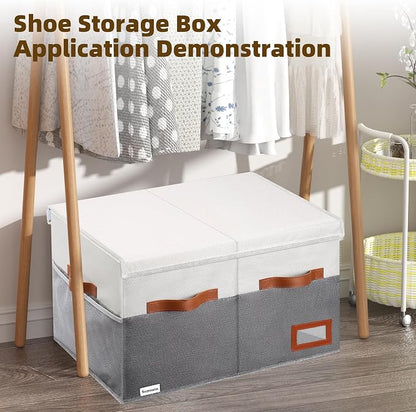 Supowin Shoe Organizer for Closet, Foldable Shoe Storage Bins with Lid & Adjustable Dividers, Fabric Shoe Box Storage Containers with Four Reinforced Handles, Fits 16 Pairs, 1 Pack, Grey