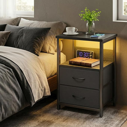 Fixwal Night Stand with Charging Station, LED Nightstand with U-S-B Ports and Outlets for Small Spaces, 2 Fabric Storage Drawers, Bedside Table End Tables Bedroom Decor, Modern Black