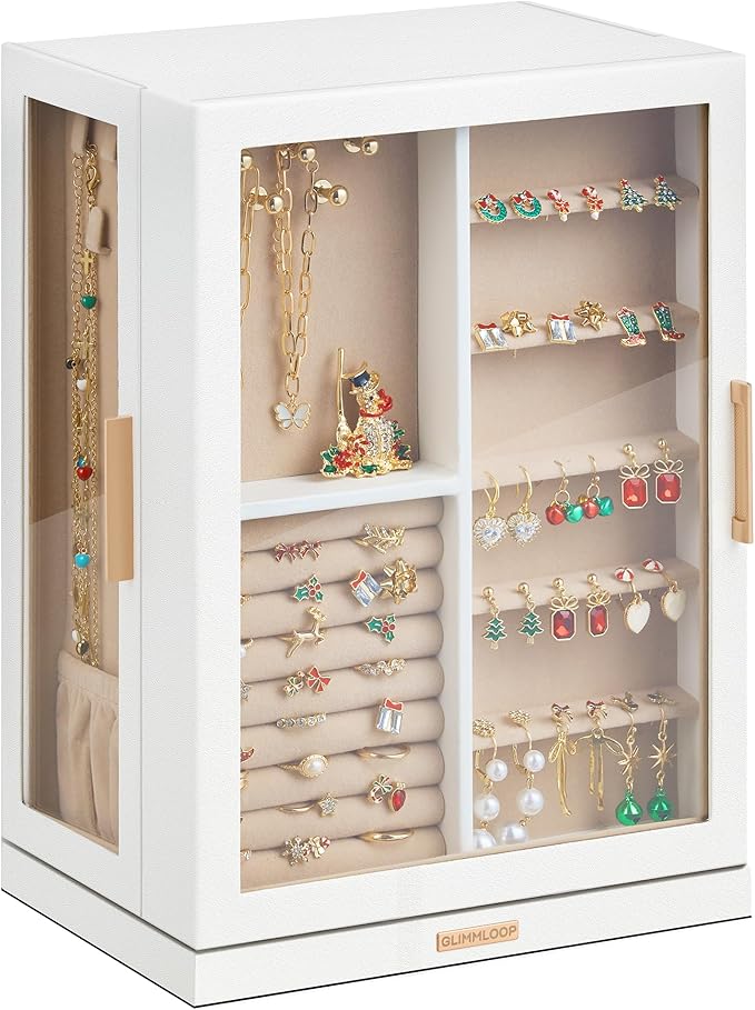 360° Rotating Jewelry Box with 7 Drawers, Spacious Vertical Jewelry Organizer with Glass Window, Jewelry Storage Case, Dustproof & Moisture-resistant Design, White