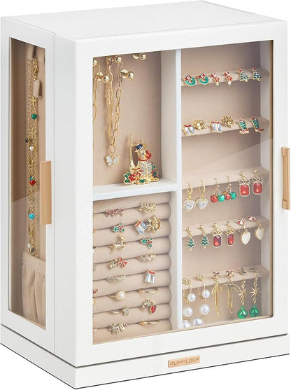 360° Rotating Jewelry Box with 7 Drawers, Spacious Vertical Jewelry Organizer with Glass Window, Jewelry Storage Case, Dustproof & Moisture-resistant Design, White