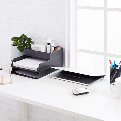 Amazon Basics Rectangular Plastic Desk Organizer with Storage Trays, Accessory Tray, 9.4 x 6.7 x 2 inch, Black, 1 Pack