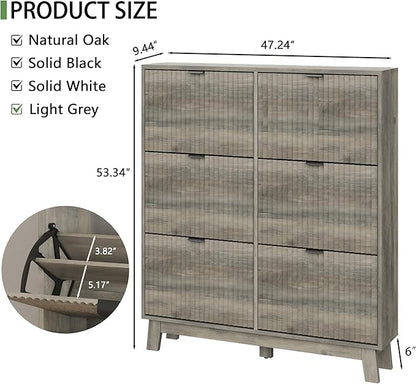 Shoe Cabinet with 6 Flip Drawers, 54" Tall Narrow Fluted Shoe Storage Organizer for Entryway, Hidden Slim Wooden Shoe Rack Cabinet for Front Door Entrance, Hallway, Living Room, Light Grey