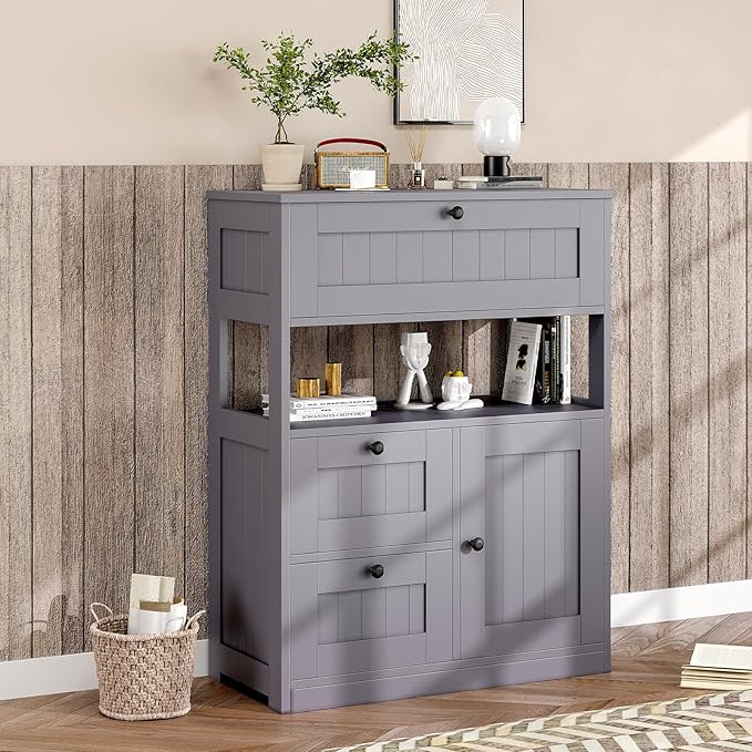 GRUSIGN Bathroom Cabinet, Modern Bathroom Floor Storage Cabinet Organizer with 1 Door and 3 Drawers, Freestanding Cupboard for Kitchen/Living Room Use