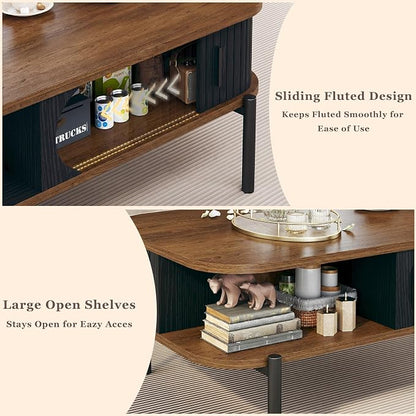 Coffee Table, 39.4" Mid Century Modern Coffee Tables for Living Room, Coffee Table with Storage Open Shelf, Fluted Table with Sliding Cabinet Door, 2-Tier Rustic Wood Desktop, Black & Walnut