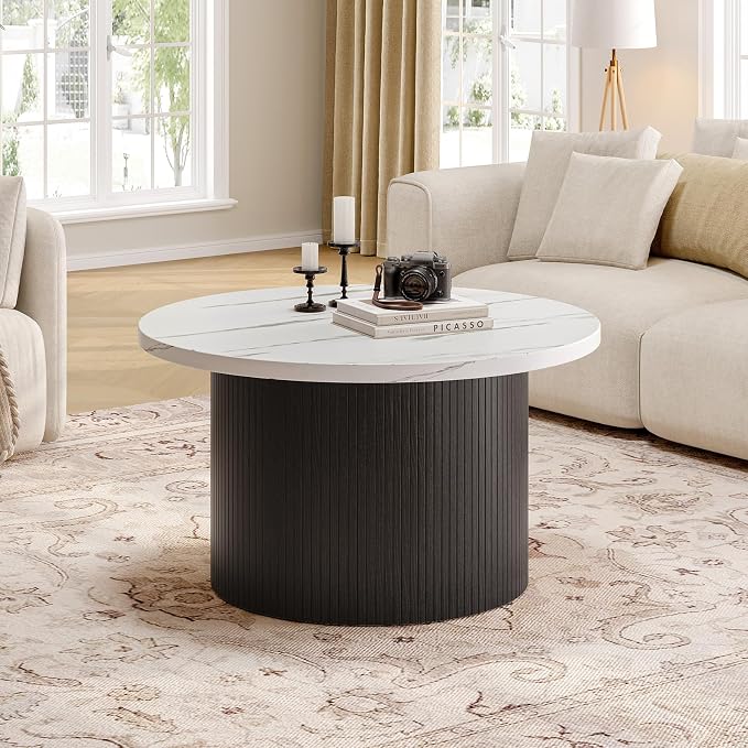 ONBRILL 31.5" Round Coffee Table, Tambour Design Coffee Tables for Living Room, Mid Century Modern Wood Coffee Table, Drum Accent Small Center Table, Marble Texture