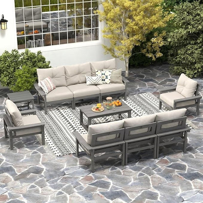 HDPE Outdoor Patio Furniture Set, 6-Piece Patio Conversation Sets with Coffee Table & Side Table & Beige Washable Thick Cushions, Outdoor Sofa for Balcony, Porch (Grey Frame)