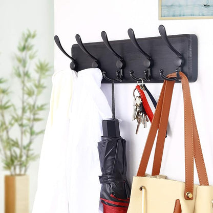 WEBI Coat Rack Wall Mount,Coat Hooks Wall Mounted Rustic,16" Hole to Hole,Large Coat Hanger Wall,Wood Hook Rack,5 Triple Hooks for Hanging Coats,Jacket,Clothes,Farmhouse,Black