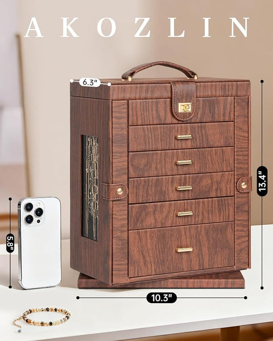 AKOZLIN 6-Tier Jewelry Box Organizer Functional 5 Drawers Leather Jewelry Storage Case for Women Girls Ring Necklace Earring Bracelet Holder Organizer with Mirror XL Red 360° Rotating