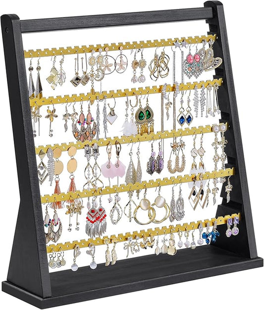 Poyilooo Earring Organizer Stand, Rustic Wood Earring Holder Rack, 5 Layer Jewelry Holder Organizer with 270 Earring Tree Holes Display for Stud Earings & Hoop Earrings, Gifts for Women (Black&gold)