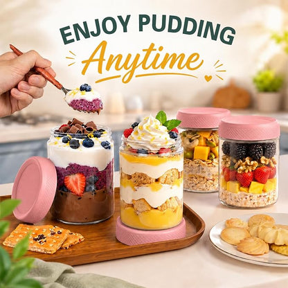 Pink Overnight Oats Container with Lids, Wide Mouth Mason Jars with Lids, Air Tight Overnight Oats Jars for Yogurt, Reusable Glass Jar for Pudding, Snack, Sugar, Breakfast, (6-Pack, 16oz)