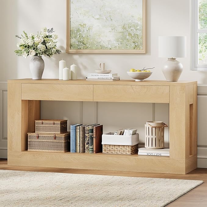 63" Long Console Table with 2 Drawers, Farmhouse Sofa Table Behind Couch with Heavy Duty Legs, Entryway Table for Living Room, Entrance, Hallway, Foyer, Natural Wood