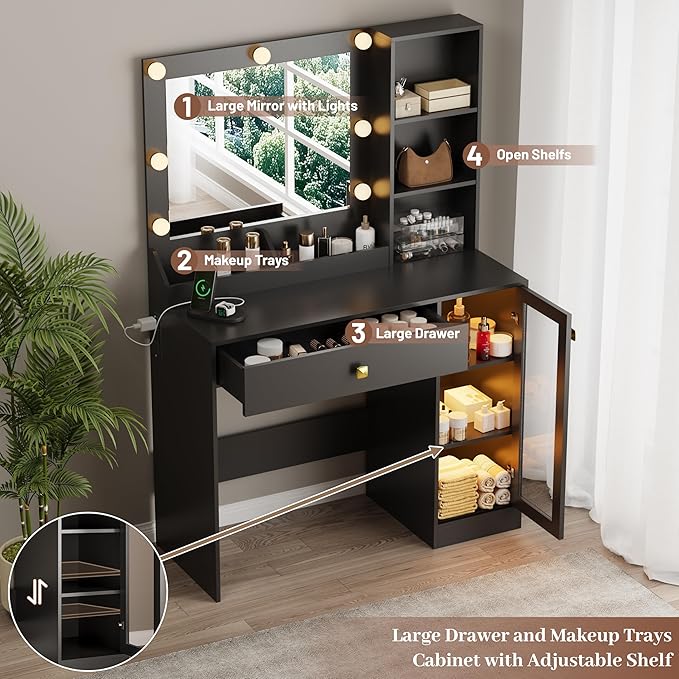 Black Makeup Vanity with Mirror and Lights, 34'' Wide Dressing Table with Charging Station & RGB Glass Cabinet, Small Vanity Desk with 3 Color Lighting Modes & Adjustable Brightness