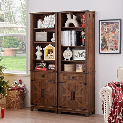 72in Tall Bookshelf 7 Tier Bookcase with Drawer and Barn Doors and Adjustable Shelves, Brown Farmhouse Book Shelf with Storage Cabinet, Wood Freestanding Display Bookshelves for Kitchen