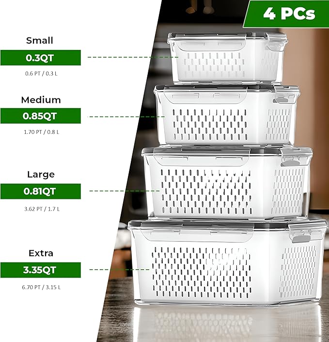 4-Piece Fruit Storage Containers for Fridge, Leakproof and Removable Colander, Dishwasher & Microwave Safe, Extend Freshness of Fruits and Vegetables (White)