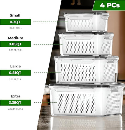 4-Piece Fruit Storage Containers for Fridge, Leakproof and Removable Colander, Dishwasher & Microwave Safe, Extend Freshness of Fruits and Vegetables (White)