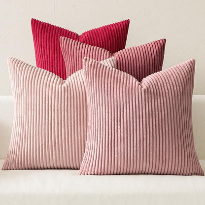 MIULEE Boho Farmhouse Throw Pillow Covers 20x20 Inch Set of 4 Romantic Decorative Cushion Covers Spring Corduroy Home Decor for Feminine Valentines Couch Bed Sofa Living Room Aesthetic Pink