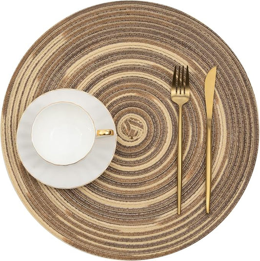 SHACOS Round Placemats Set of 6 Washable 15 inch Variegated Braided Round Place Mats Kitchen Table Mats (Rainbow Brown, 6)