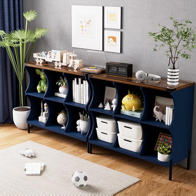6 Cube Book Shelf, Low and Short Bookshelf, Long Cube Storage Organizer Wood TV Stand, Toy Organization DVD Cabinets for Living Room, Office, Bedroom, Dorm, Blue with Natural Top