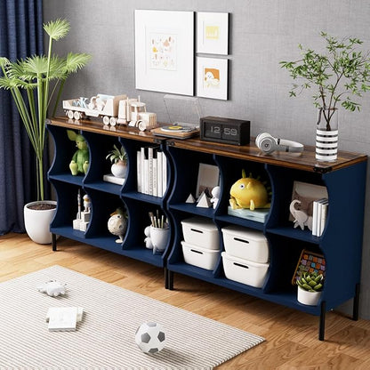 6 Cube Book Shelf, Low and Short Bookshelf, Long Cube Storage Organizer Wood TV Stand, Toy Organization DVD Cabinets for Living Room, Office, Bedroom, Dorm, Blue with Natural Top