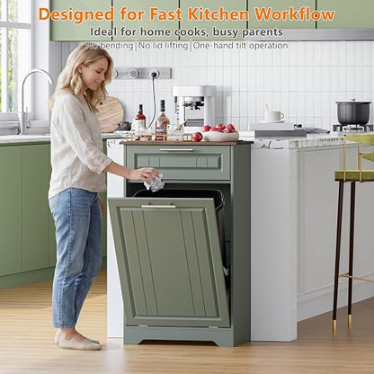 Single 10 Gallon Tilt Out Trash Can Cabinet with Deodorizing Function, Wooden Hidden Garbage Can Holder with Storage Drawers for Kitchen and Dining Room, Laundry Hamper Cabinet for Bathroom, Green