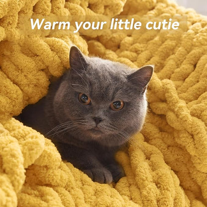 Negwoo Chunky Knit Throw Blanket, 80''*90'' Knitted Throw Chenille Yarn for Bed Couch, Handmade Yellow Crochet Big Thick Blanket, Machine Washable Cute Comfy Blanket for Home Decor