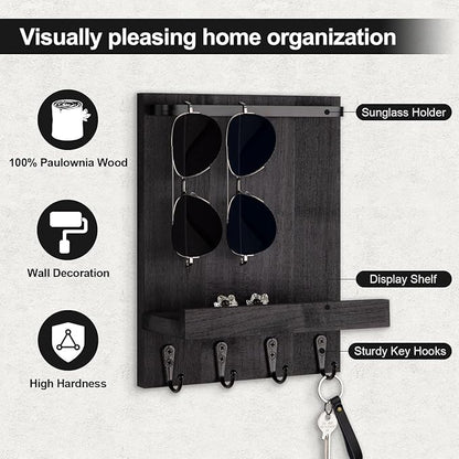 Key Holder Wall Mount, Key Holder for Wall with 4 Hooks, Farmhouse Key Hanger Holds Dog Leash, Sunglasses – Decorative Mail Organizer Home Decor (Black)