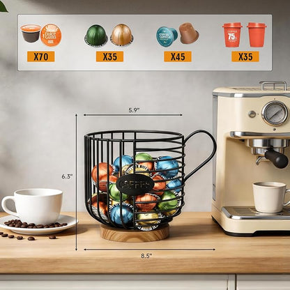 Coffee Pod Holder, 45+ Large Capacity Wire K Cup Storage Organizer with Solid Wood Base, Anti-Slip Coffee Capsule Holder for Kitchen Bar Counter, Compatible with K-Cups/Nespresso Espresso Capsules