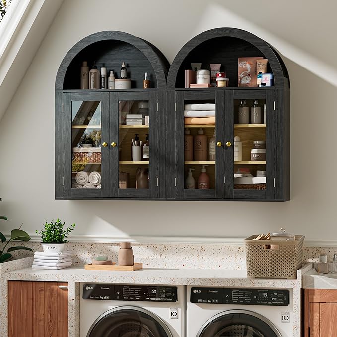BREEZEHEAT Bathroom Medicine Cabinet Wall Mount-Over The Toilet Storage Cabinet-Arched Wall Cabinet with Glass Doors & Adjustable Shelves, Wood Cabinet for Laundry Room, Kitchen, Living Room, Black