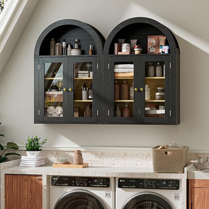 BREEZEHEAT Bathroom Medicine Cabinet Wall Mount-Over The Toilet Storage Cabinet-Arched Wall Cabinet with Glass Doors & Adjustable Shelves, Wood Cabinet for Laundry Room, Kitchen, Living Room, Black