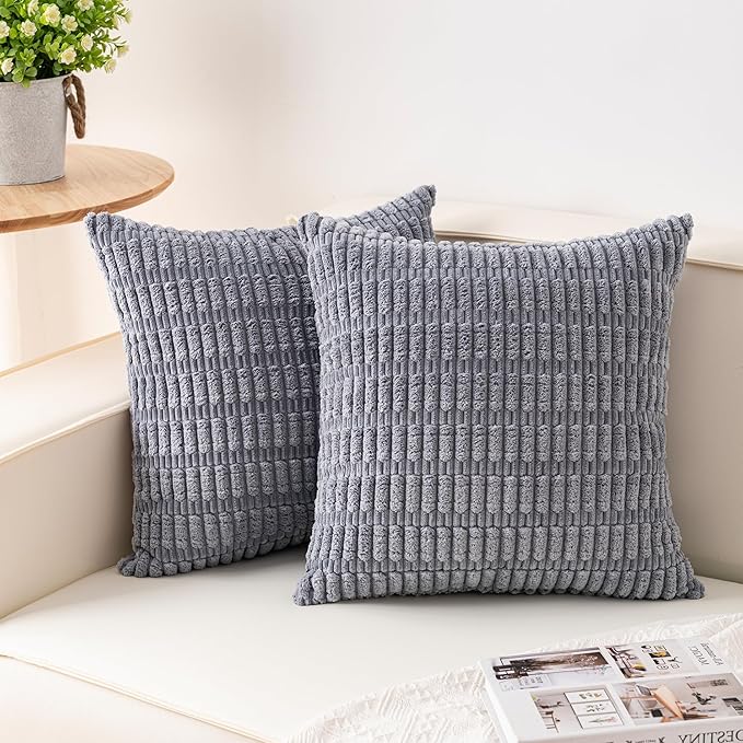 Aegero Pack of 2 Corduroy Decorative Throw Pillow Covers 22x22 Inch Soft Striped Pillow Covers Modern Farmhouse Home Decor for Sofa Living Room Couch Bed（Light Grey）