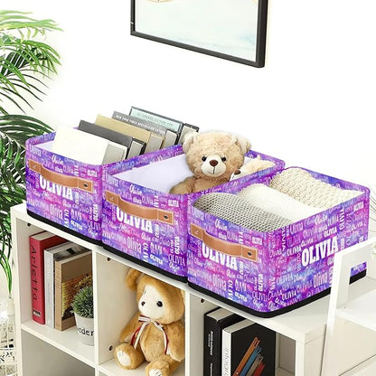 Custom Name Storage Basket, Personalized Small Storage Basket with Handles for Organizing Women Cosmetics Kids Toys Office Closet Shelf Baskets, Watercolor Purple Universe