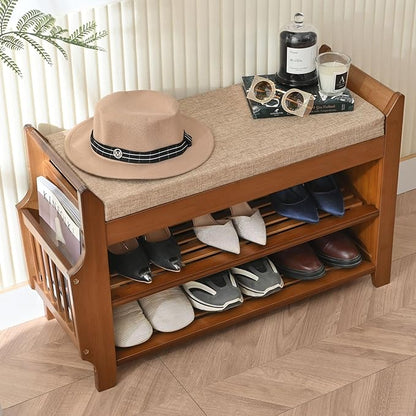 2 Tier Shoe Bench, Bamboo Shoe Rack Bench, Shoe Storage Bench Organizer for Entryway Hallway Living Room