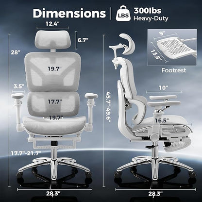 Ergonomic Office Chair with Footrest, Big and Tall Home Desk Chair, High Back Rolling Computer Chair with 5D Flip-Up Arms and Lumbar Support, Comfy Gaming Chair, Swivel Mesh Chairs, Gray
